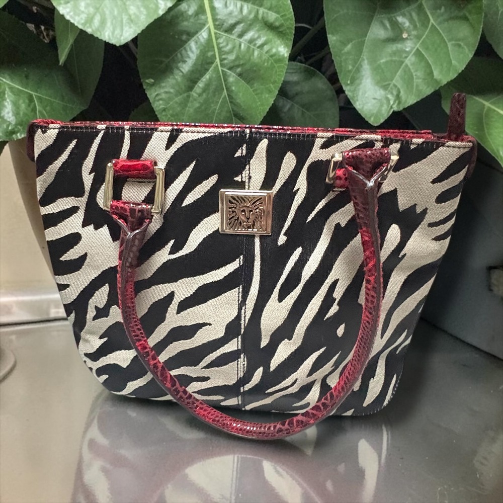 Anne Klein Zebra Print Canvas Tote Bag Red Snakeskin Trim Lion Logo Satchel